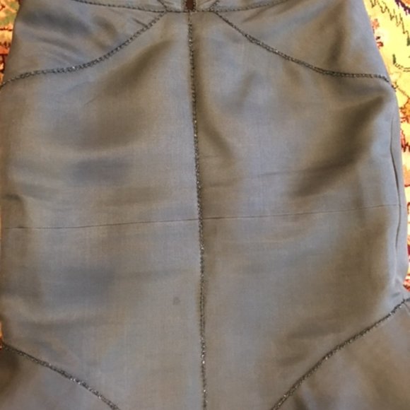 J Mendel Green Trumpet Evening Dress Gown Beads Sheer Seams Train Sz 10 Nice - Picture 4 of 11